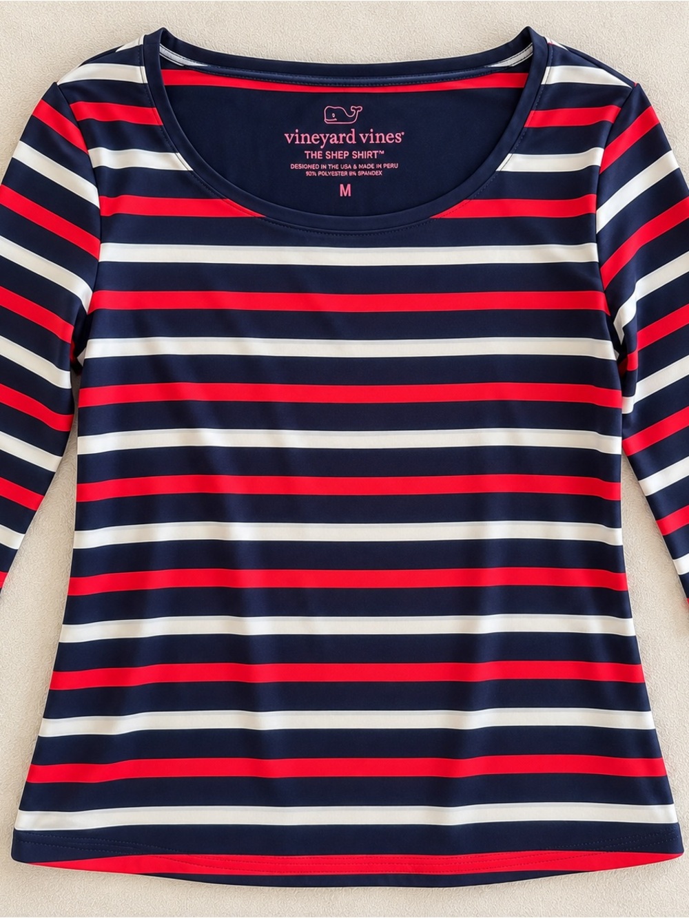 Vineyard Vines Navy, Red & White Striped Long Sleeve Scoop Neck Top